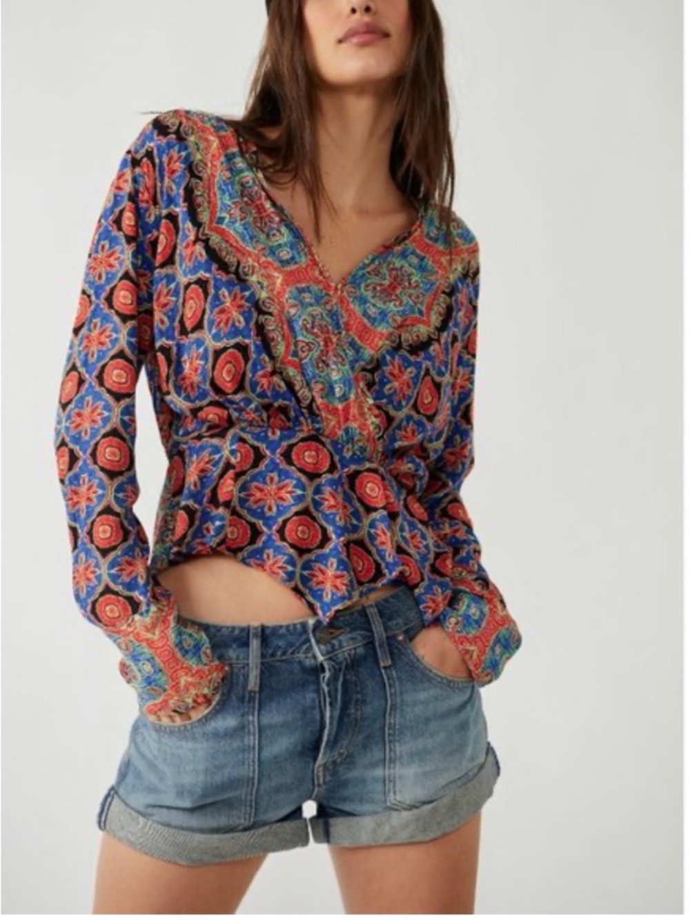 Free People Blue and Red Paisley Wrap Blouse